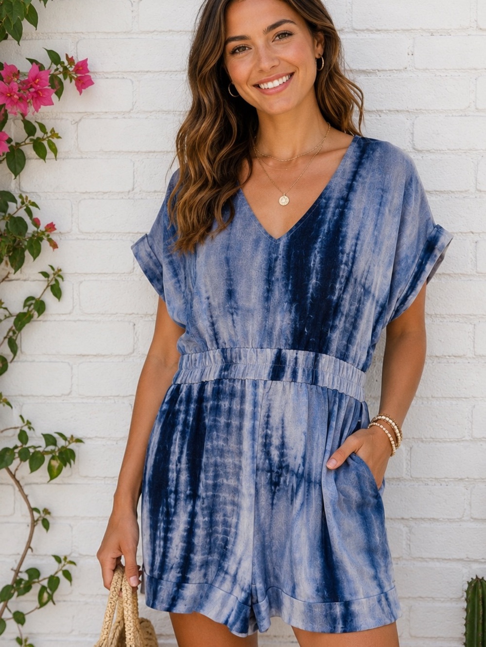 Eesome Blue Tie-Dye Romper V-Neck Elastic Waist Pockets